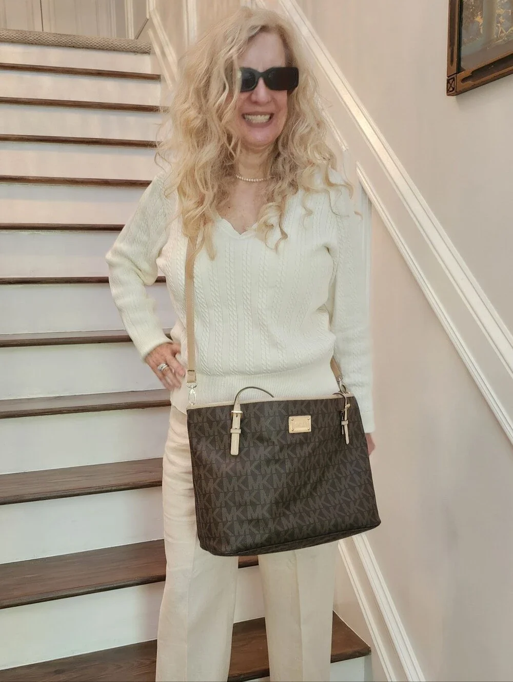 Michael Kors Dark Brown MK Logo Crossbody Large Tote with Cream Straps, $45